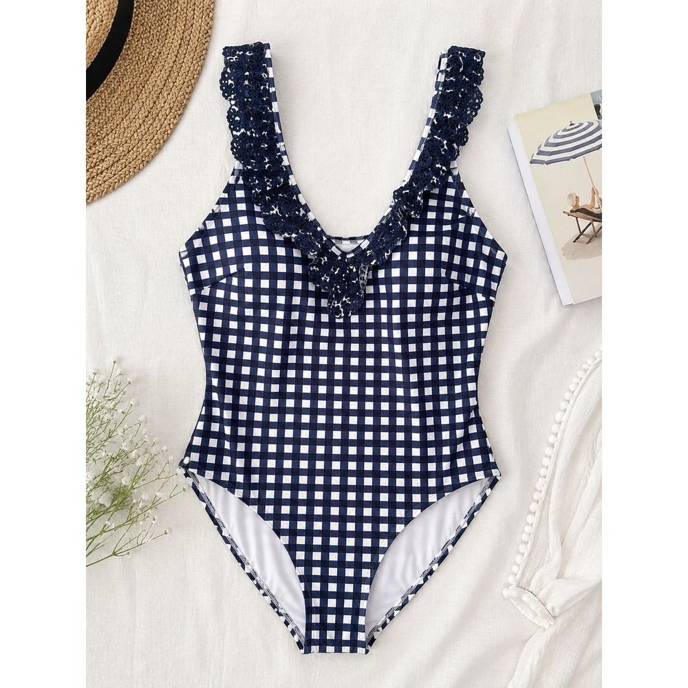 Draper James x Lands End Gingham Eyelet Ruffle One Piece Swimsuit Navy White 12